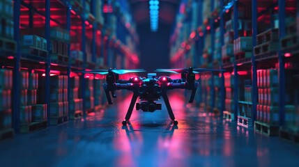 Drone in the warehouse, autonomous delivery robot is flying in storehouse shipping - obrazy, fototapety, plakaty