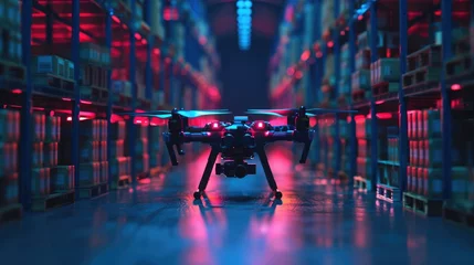 Foto op Plexiglas Drone in the warehouse, autonomous delivery robot is flying in storehouse shipping © DELstudio
