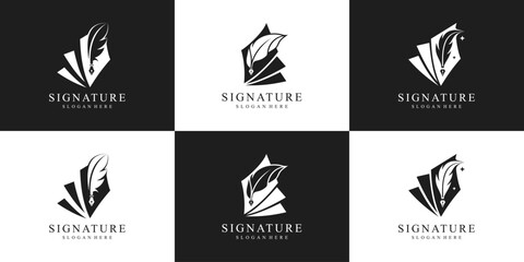 Set of quill signature logo design. symbol feather ink logo template for notary, signature, note and etc.