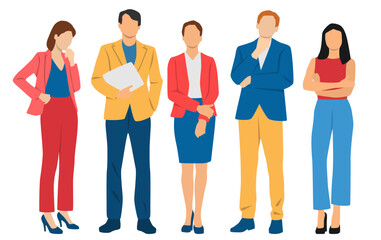 Obraz premium Set of young men and woman , different colors, cartoon character, group of silhouettes of standing business people, students, design concept of flat icon, isolated on white background