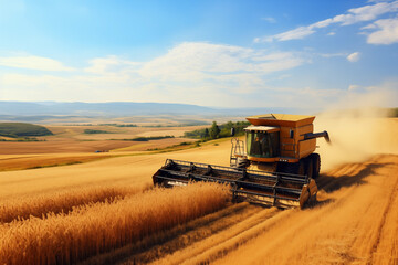 Harvester combine harvesting grain in summer day. Generative AI