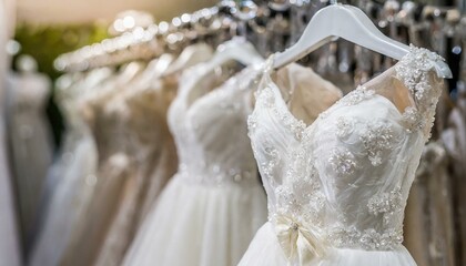 Beautiful elegant luxury bridal dress on hangers. White wedding dresses hanging on hanger in bridal shop boutique salon. Closeup