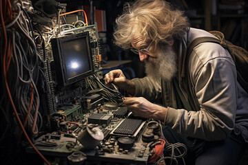Elderly scientist working on computer components in a tech lab