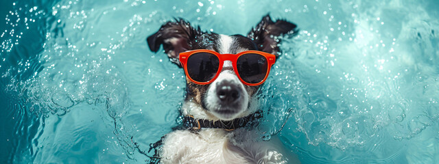 Cute funny dog wearing sunglasses and floating in a swimming pool. Happy pet swim in ocean or sea,...