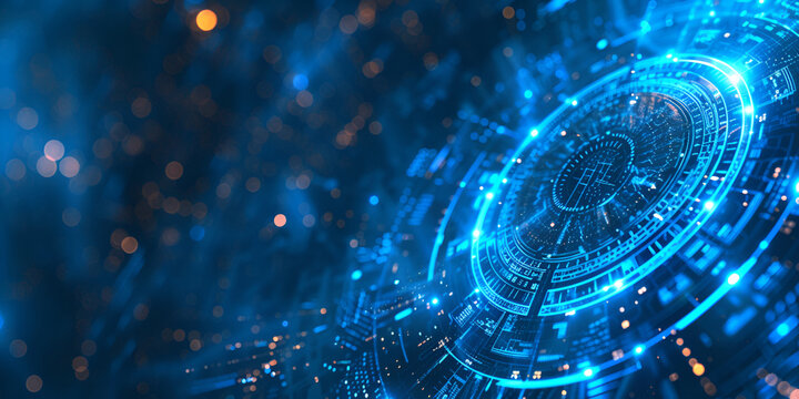 screen shot of  mesmerizing pattern of electric blue gas symmetry, creating an artistic display of astronomical  blue circle emits light in dark space,futuristic technology binary digits data flow 
