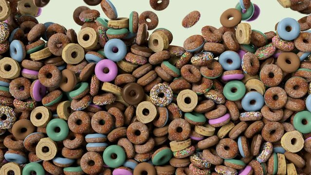 Donuts of different colors falling down. Tasty donuts drooping and stacking.
Many different type of sweet donuts raining down and fill in the screen. Donuts 4k animation with alpha channel mask.