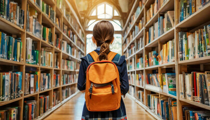 Rear view of a young female student with her backpack on her shoulder, inside a large library full of books. Generative Ai.
