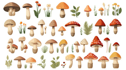 Set Organic Mushrooms Isolated on Transparent Background, (PNG).