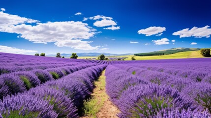 A lavender field in full bloom under a blue sky