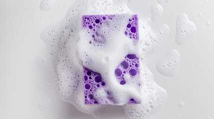 purple sponge with soapy foam on a white surface. top view, Cleaning concept