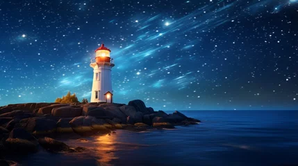 Foto op Canvas A luminous lighthouse under a starry night © Cloudyew