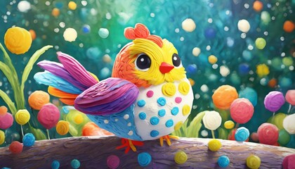Un alegre y colorido pájaro hecho de plastilina infantil
