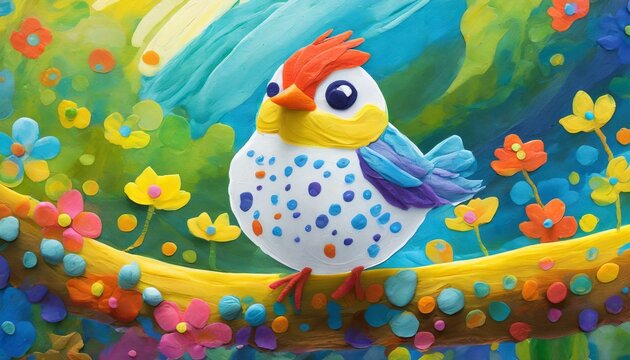 Un alegre y colorido pájaro hecho de plastilina infantil