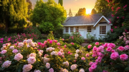 Fototapeta na wymiar A quaint cottage garden with roses in full bloom