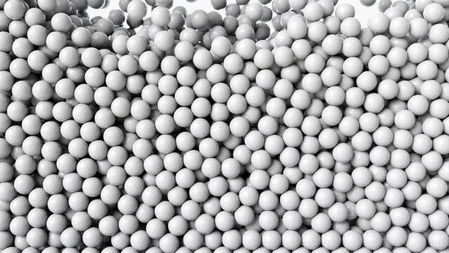 Golf game balls falling down. Golf game balls drooping and stacking. Many golf balls raining down and fill in the screen. Golf game 4k animation with alpha channel mask.