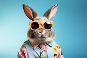 Cute Bunny Wearing Sunglasses in a Colorful Hawaiian Shirt with Space for Copy - obrazy, fototapety, plakaty