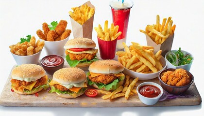 All Fast Food collection set, isolated on white background. Fried chicken, fries, hamburger - 755807642