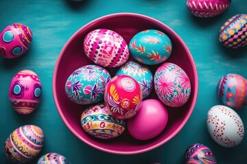 Fototapeta na wymiar Colorful Bowl of Decorated Easter Eggs