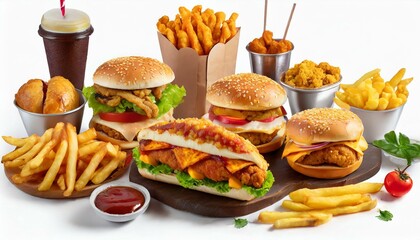 All Fast Food collection set, isolated on white background. Fried chicken, fries, hamburger - 755807682