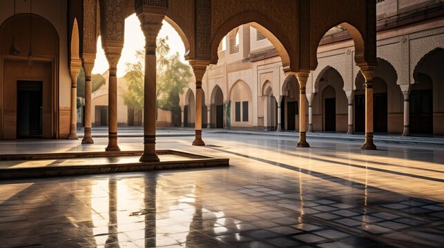 A serene courtyard of a historic islamic mosque