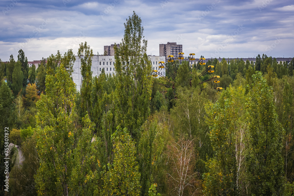 Sticker Aerial view from Polissya Hotel in Pripyat abandoned city in Chernobyl Exclusion Zone, Ukraine