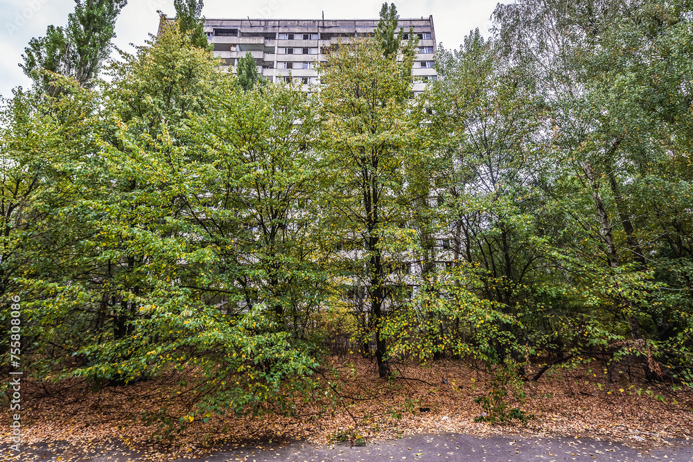 Sticker 16-stored apartment building in Pripyat abandoned city in Chernobyl Exclusion Zone, Ukraine