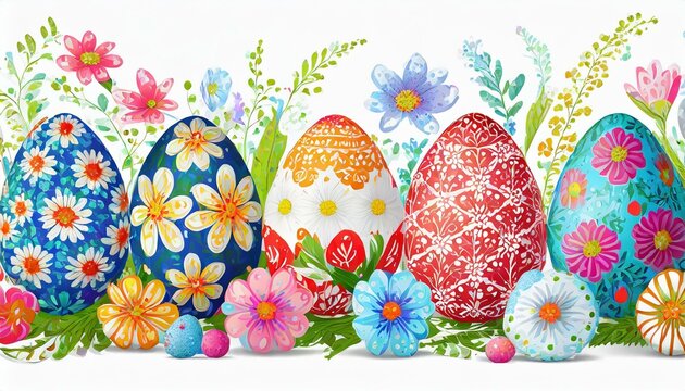 Collection of colorful hand painted decorated Easter eggs on white background cutout file.