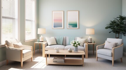 A therapist's office with soothing colors and comfortable seating