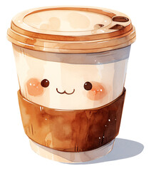 Kawaii cup of coffee with smiling face; watercolor illustration - 755808220