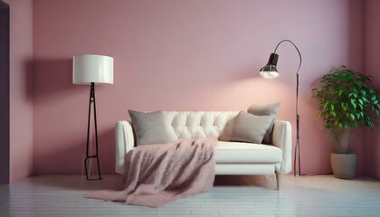Cozy white sofa, blanket and lamp near pink wall 