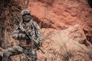 Soldiers of special forces on wars at the desert,Thailand people,Army soldier Patrolled the front...