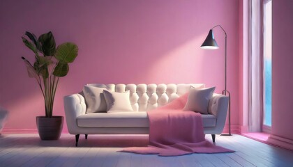 Fototapeta na wymiar Cozy white sofa, blanket and lamp near pink wall 