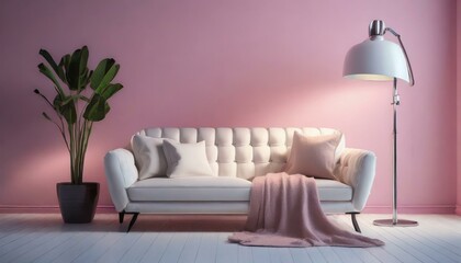 Cozy white sofa, blanket and lamp near pink wall 