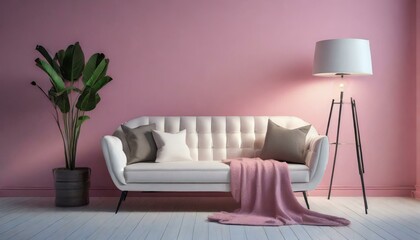 Cozy white sofa, blanket and lamp near pink wall 