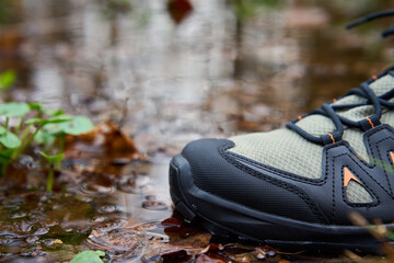 Hiking boots stands on forest floor, submerged in water puddle, surrounded by fallen leaves. Sturdy trekking shoes against a backdrop of forest terrain. Concept of exploration and outdoor activities