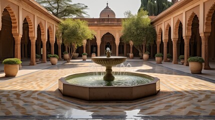A tranquil courtyard with a central fountain in a mosque - obrazy, fototapety, plakaty