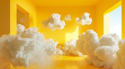 clouds in an empty room, abstract minimal yellow background with white clouds, Modern Abstract Background Illustration for Design Projects