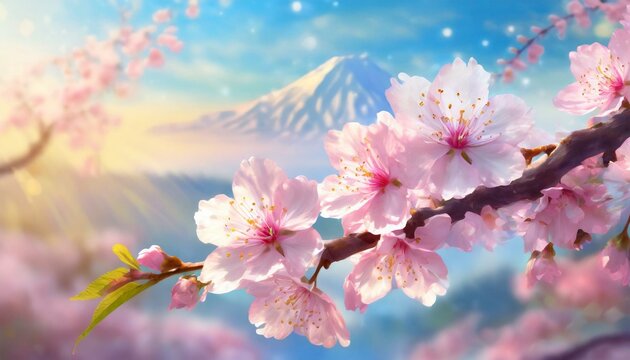 Horizontal banner with sakura flowers of pink color on sunny backdrop. Beautiful nature sprig 