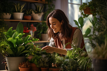 Smiling young woman enjoys caring for her lush houseplants in a cozy indoor setting