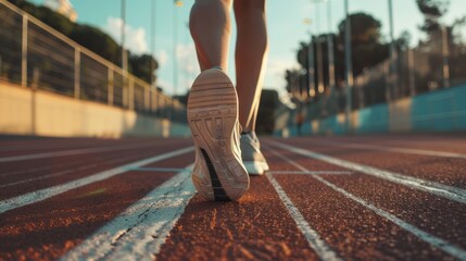 A woman is running on a track with her feet in the air - 755808811
