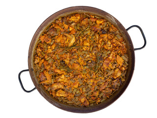 Typical Valencian paella, made with rice, chicken, rabbit and green beans, on a transparent background. Paella Valenciana