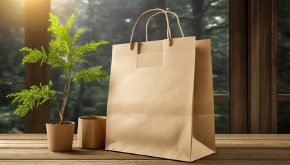 Kraft paper bag with handles, brown gift package, craft pack. High resolution of image. - 755808841