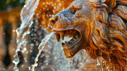 Orange-hued water flowing gently from a sculpted lion's mouth fountain, a symbol of grandeur - obrazy, fototapety, plakaty