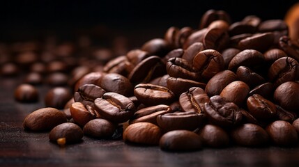 Aromatic coffee beans against a dark background, emphasizing their richness