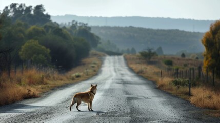 A dog is standing on a road in the middle of a field