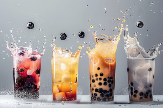 Different bubble teas, Trendy drink, with tapioka and fruit flavour and ice cubes on grey background in a row