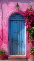 Fototapeta na wymiar Colorful rustic door, with bright colors of door and wall