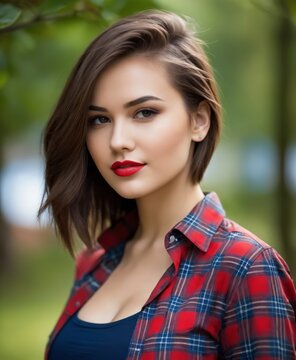 A portrait of a young beautiful girl, natural complexion soft skin wearing a  blue-red Tartan shirt