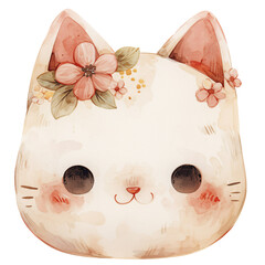 Kawaii cat head decorated with flowers, watercolor illustration - 755809435