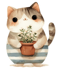 Kawaii cute cat with a flower, watercolor illustration - 755809440